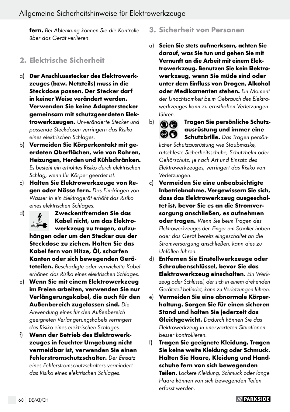 Elektrische sicherheit, Sicherheit von personen | Parkside PABS 10.8 A1 User Manual | Page 68 / 75