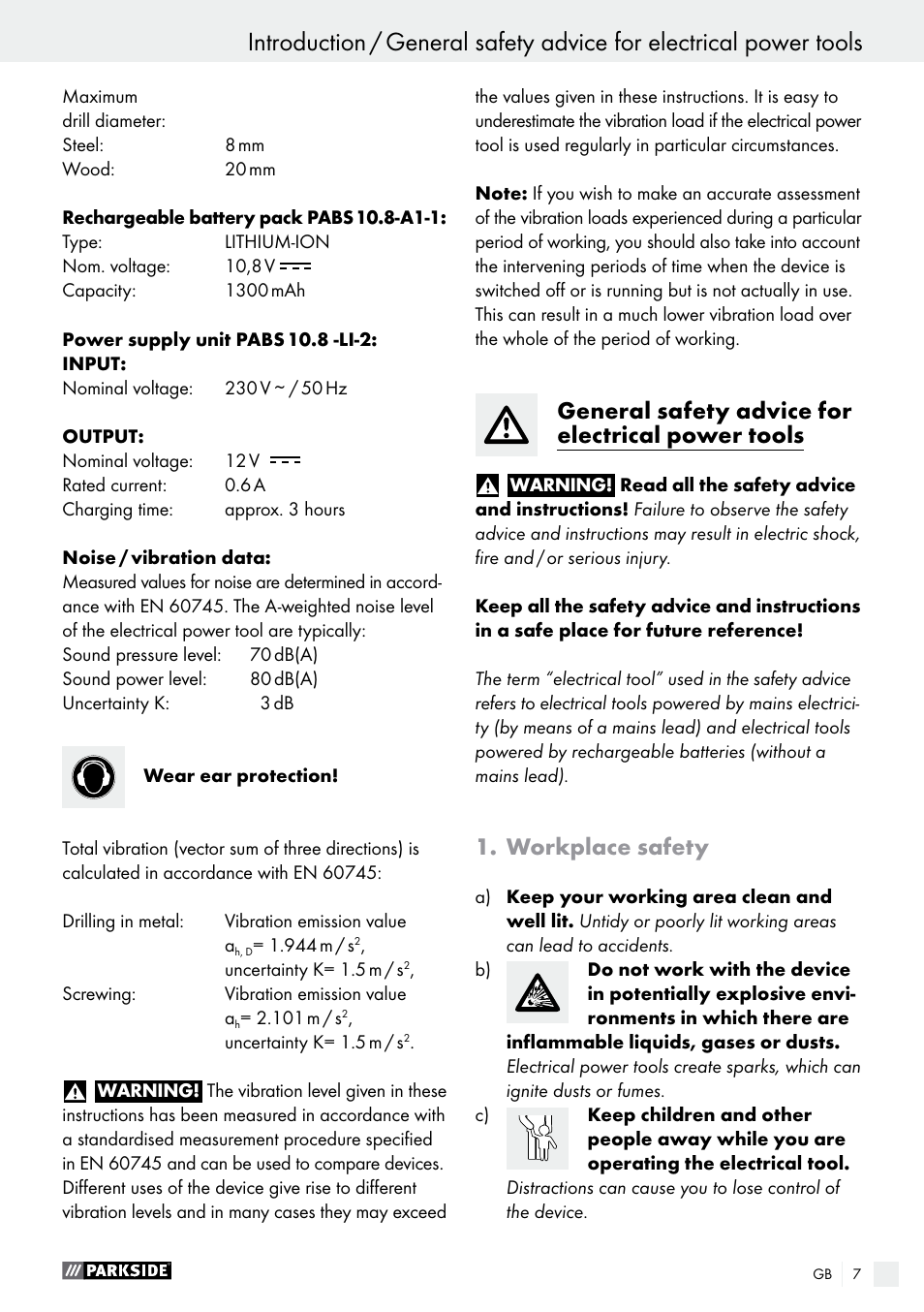 General safety advice for electrical power tools, Workplace safety | Parkside PABS 10.8 A1 User Manual | Page 7 / 75