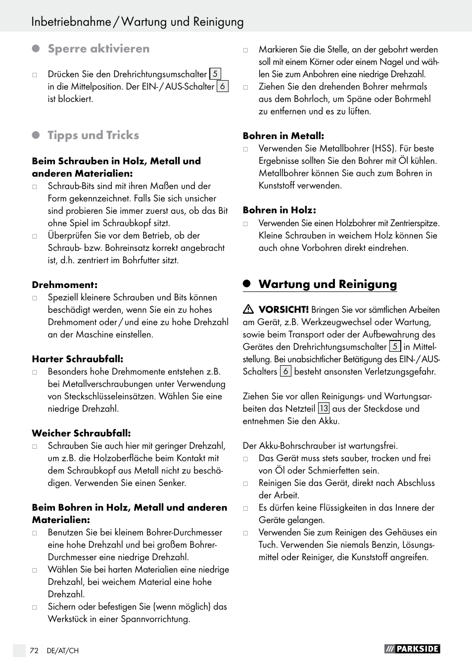 Inbetriebnahme / wartung und reinigung, Sperre aktivieren, Tipps und tricks | Wartung und reinigung | Parkside PABS 10.8 A1 User Manual | Page 72 / 75