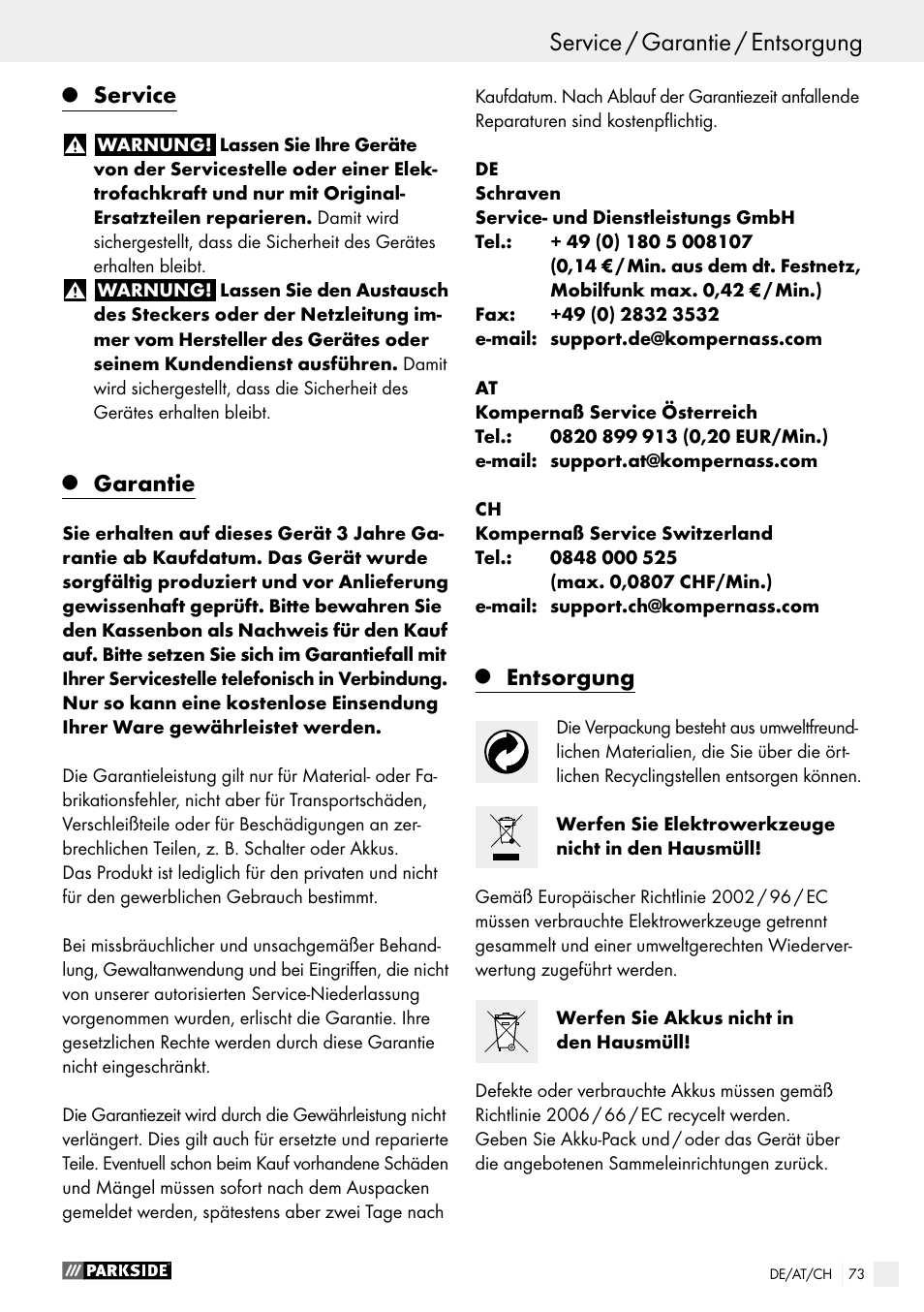 Service / garantie / entsorgung, Service, Garantie | Entsorgung | Parkside PABS 10.8 A1 User Manual | Page 73 / 75