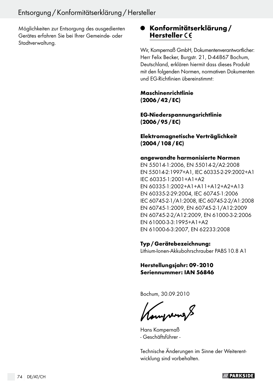 Entsorgung / konformitätserklärung / hersteller, Konformitätserklärung / hersteller | Parkside PABS 10.8 A1 User Manual | Page 74 / 75