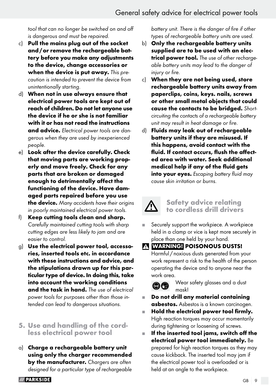 General safety advice for electrical power tools, Safety advice relating to cordless drill drivers | Parkside PABS 10.8 A1 User Manual | Page 9 / 75