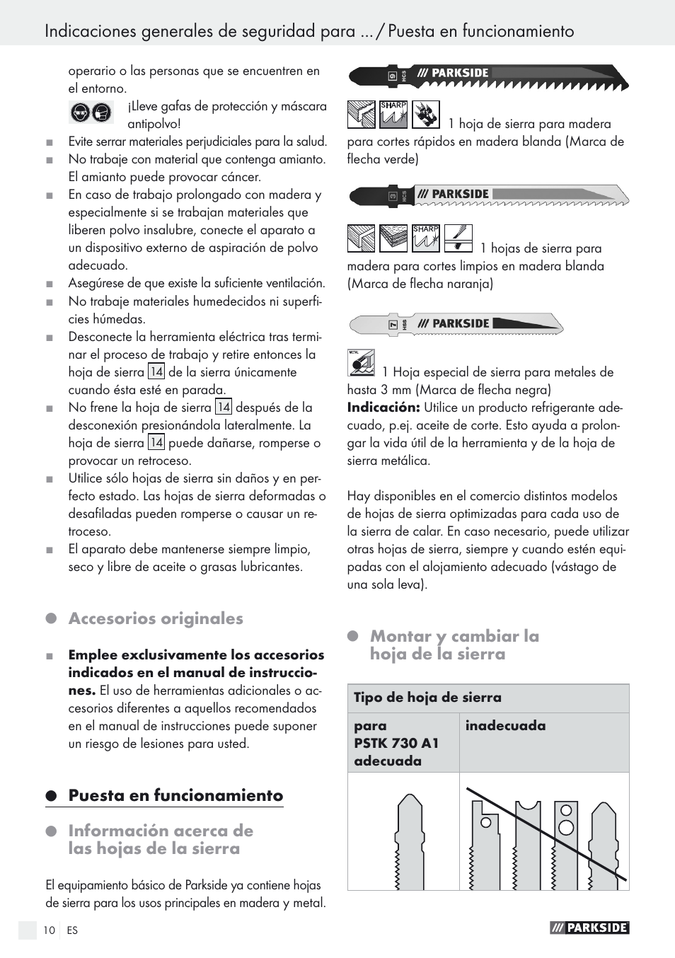 Accesorios originales, Puesta en funcionamiento, Información acerca de las hojas de la sierra | Montar y cambiar la hoja de la sierra | Parkside PSTK 730 A1 User Manual | Page 10 / 56