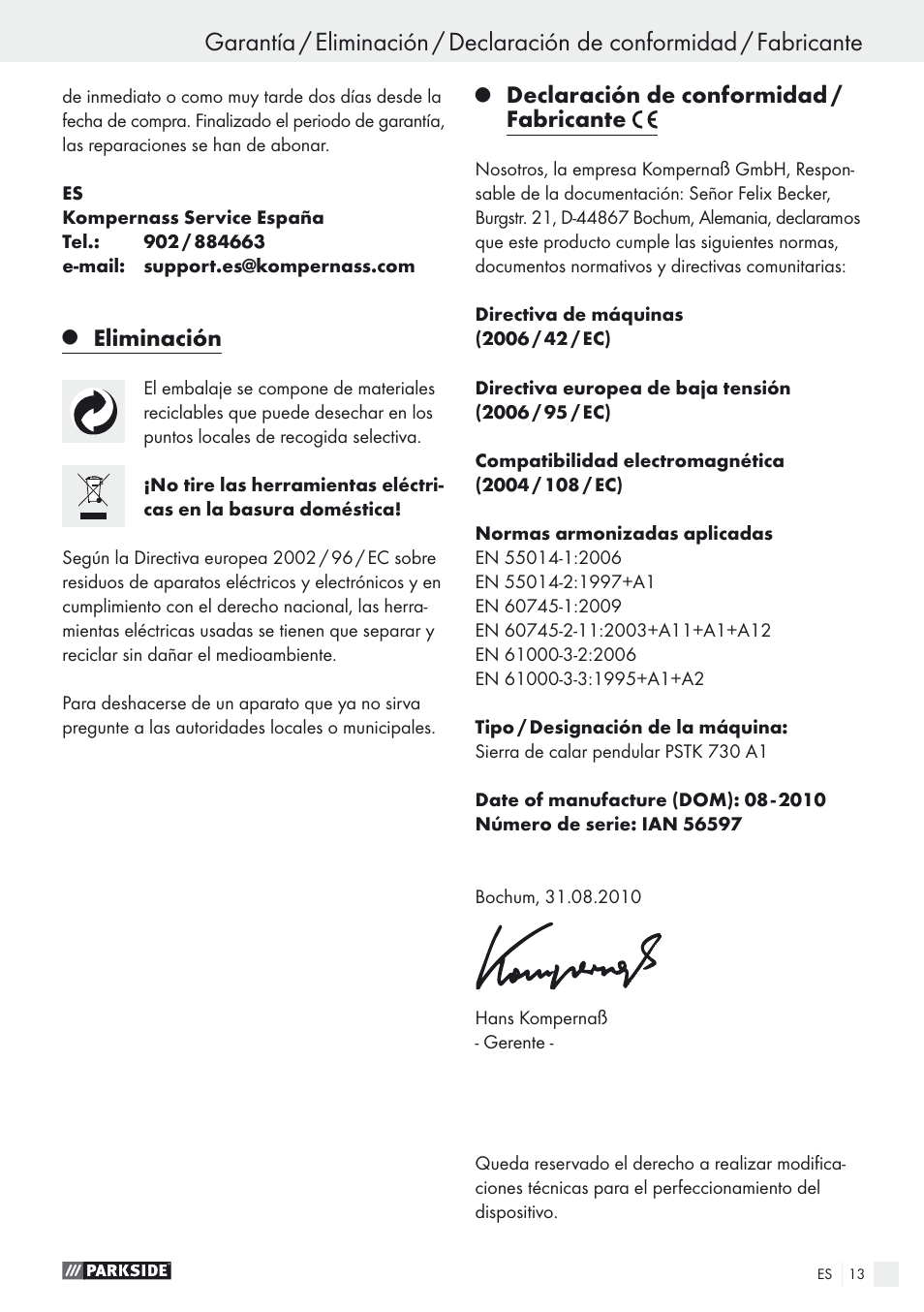 Eliminación, Declaración de conformidad / fabricante | Parkside PSTK 730 A1 User Manual | Page 13 / 56