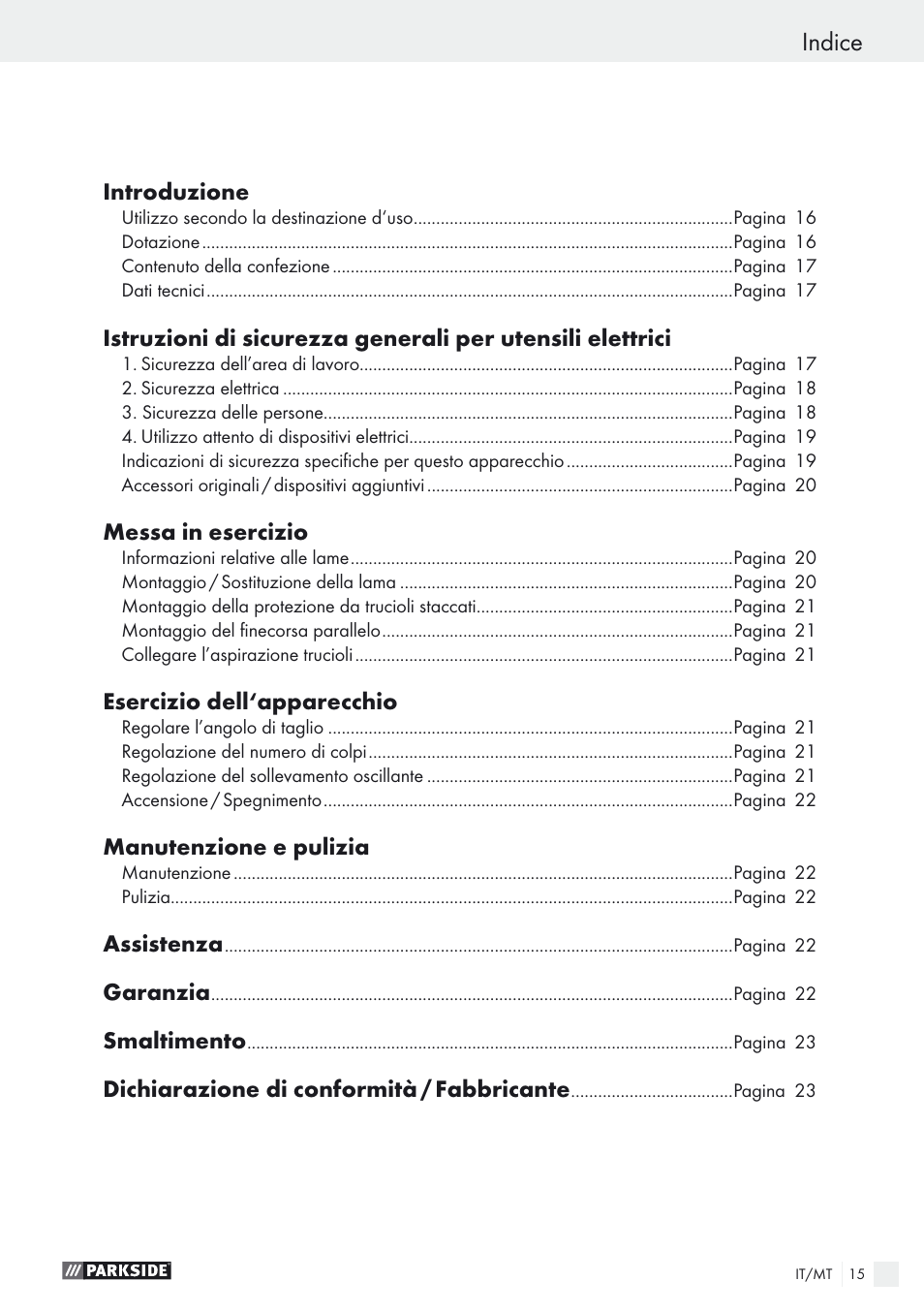 Indice | Parkside PSTK 730 A1 User Manual | Page 15 / 56