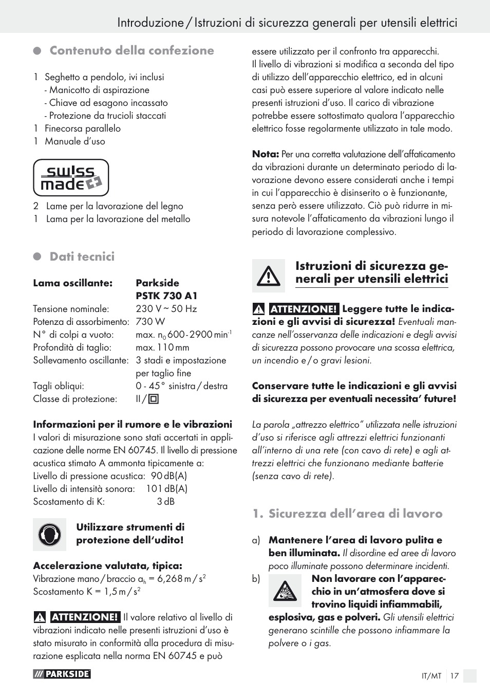 Contenuto della confezione, Dati tecnici, Sicurezza dell’area di lavoro | Parkside PSTK 730 A1 User Manual | Page 17 / 56