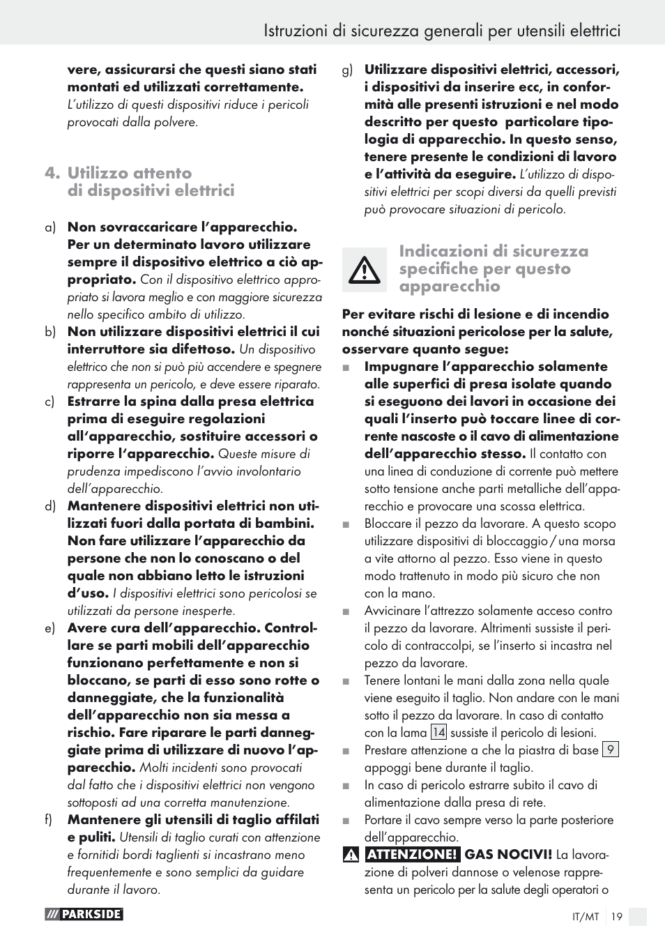 Utilizzo attento di dispositivi elettrici | Parkside PSTK 730 A1 User Manual | Page 19 / 56