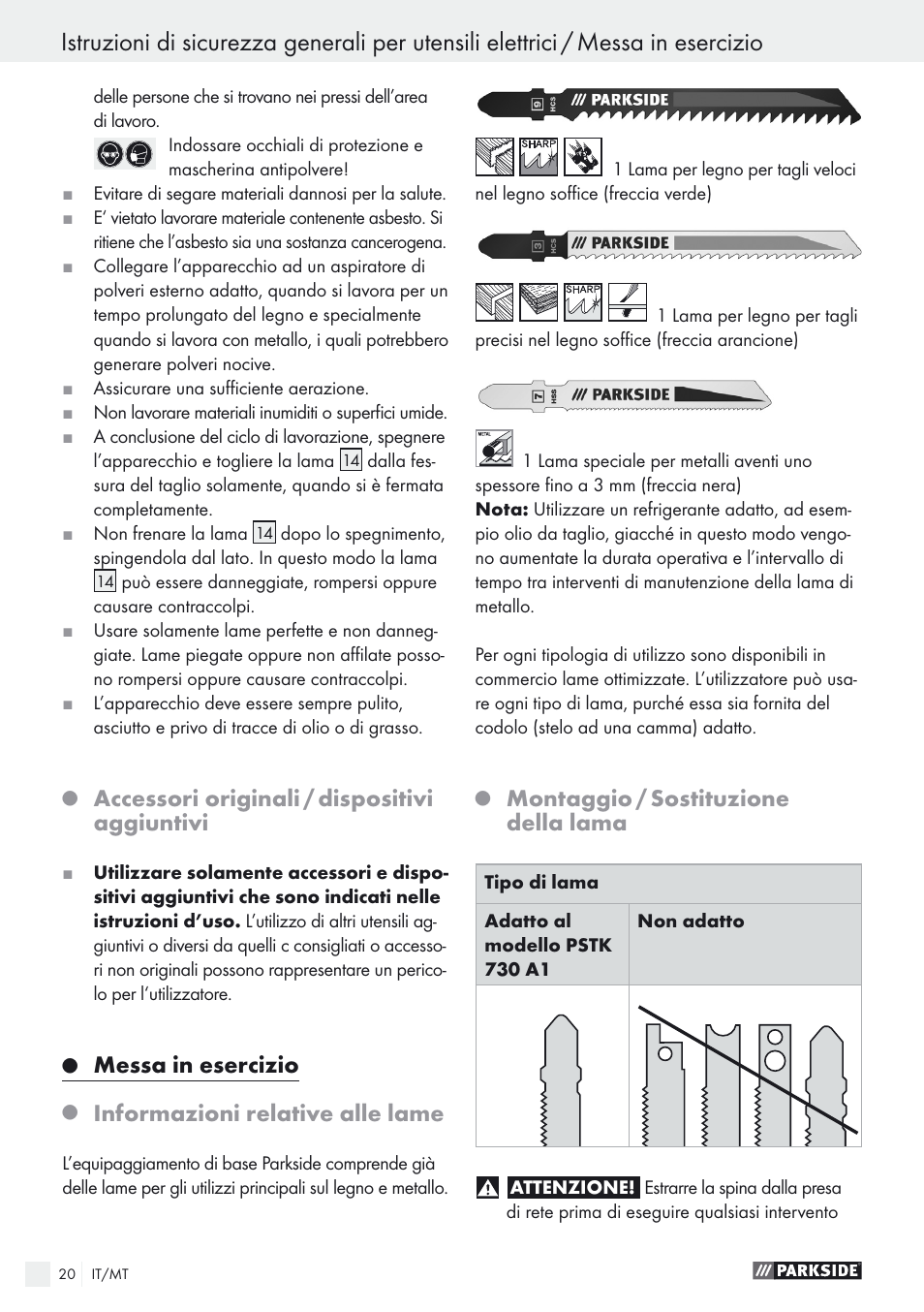 Accessori originali / dispositivi aggiuntivi, Messa in esercizio, Informazioni relative alle lame | Montaggio / sostituzione della lama | Parkside PSTK 730 A1 User Manual | Page 20 / 56