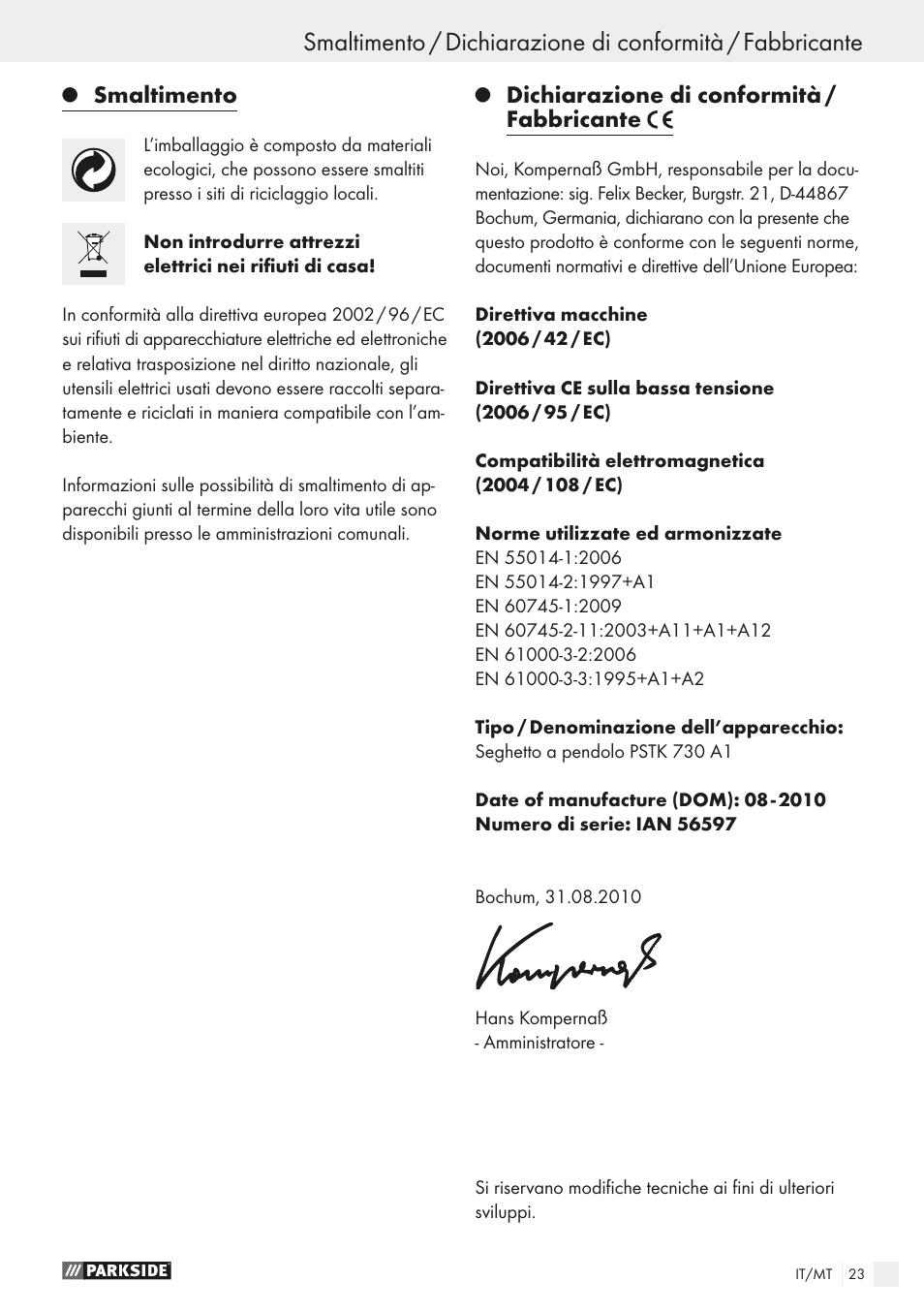 Smaltimento, Dichiarazione di conformità / fabbricante | Parkside PSTK 730 A1 User Manual | Page 23 / 56