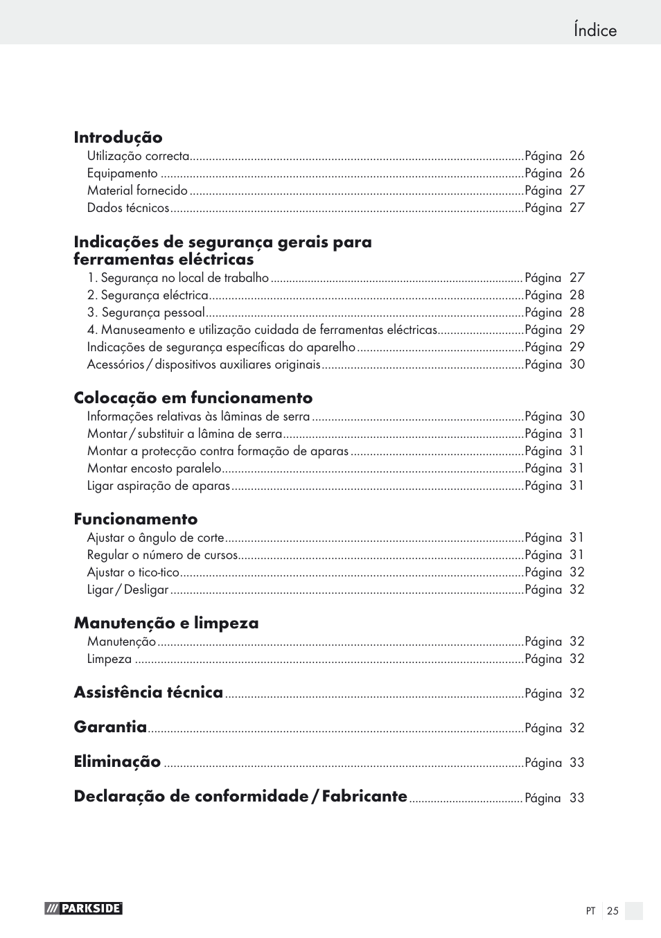 Índice | Parkside PSTK 730 A1 User Manual | Page 25 / 56
