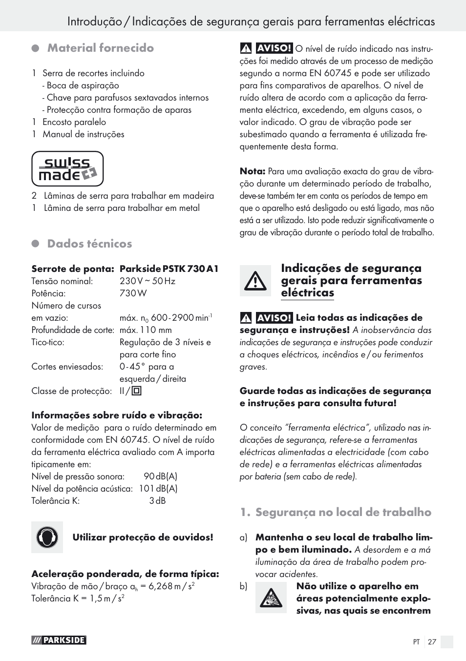 Material fornecido, Dados técnicos, Segurança no local de trabalho | Parkside PSTK 730 A1 User Manual | Page 27 / 56