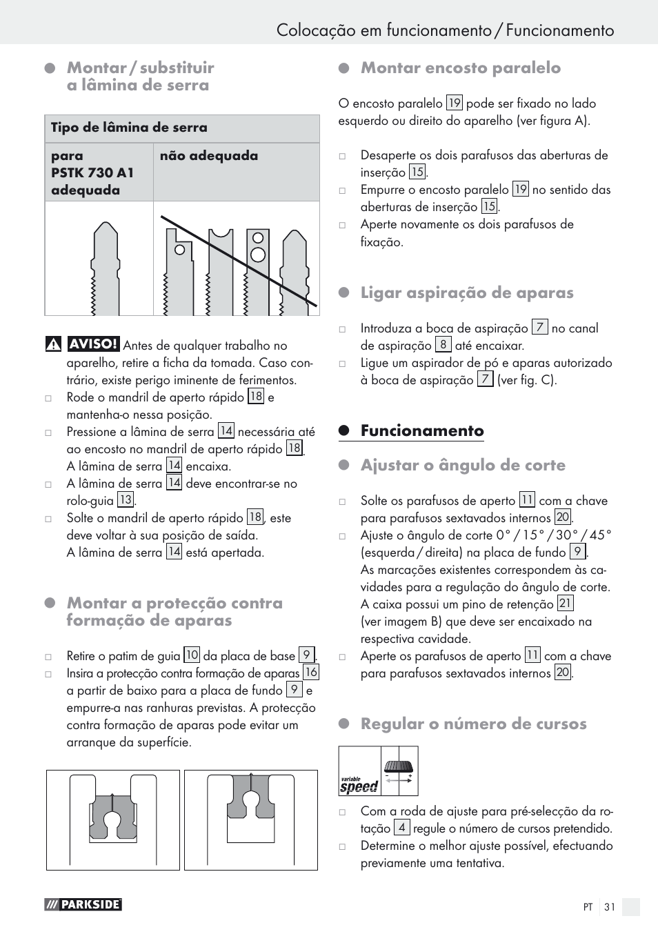 Colocação em funcionamento / funcionamento, Montar / substituir a lâmina de serra, Montar a protecção contra formação de aparas | Montar encosto paralelo, Ligar aspiração de aparas, Funcionamento, Ajustar o ângulo de corte, Regular o número de cursos | Parkside PSTK 730 A1 User Manual | Page 31 / 56