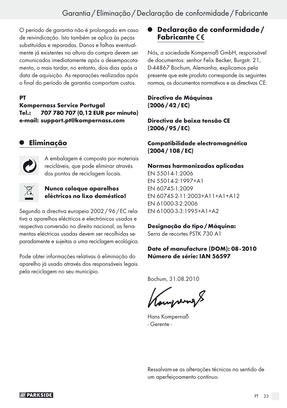 Eliminação, Declaração de conformidade / fabricante | Parkside PSTK 730 A1 User Manual | Page 33 / 56