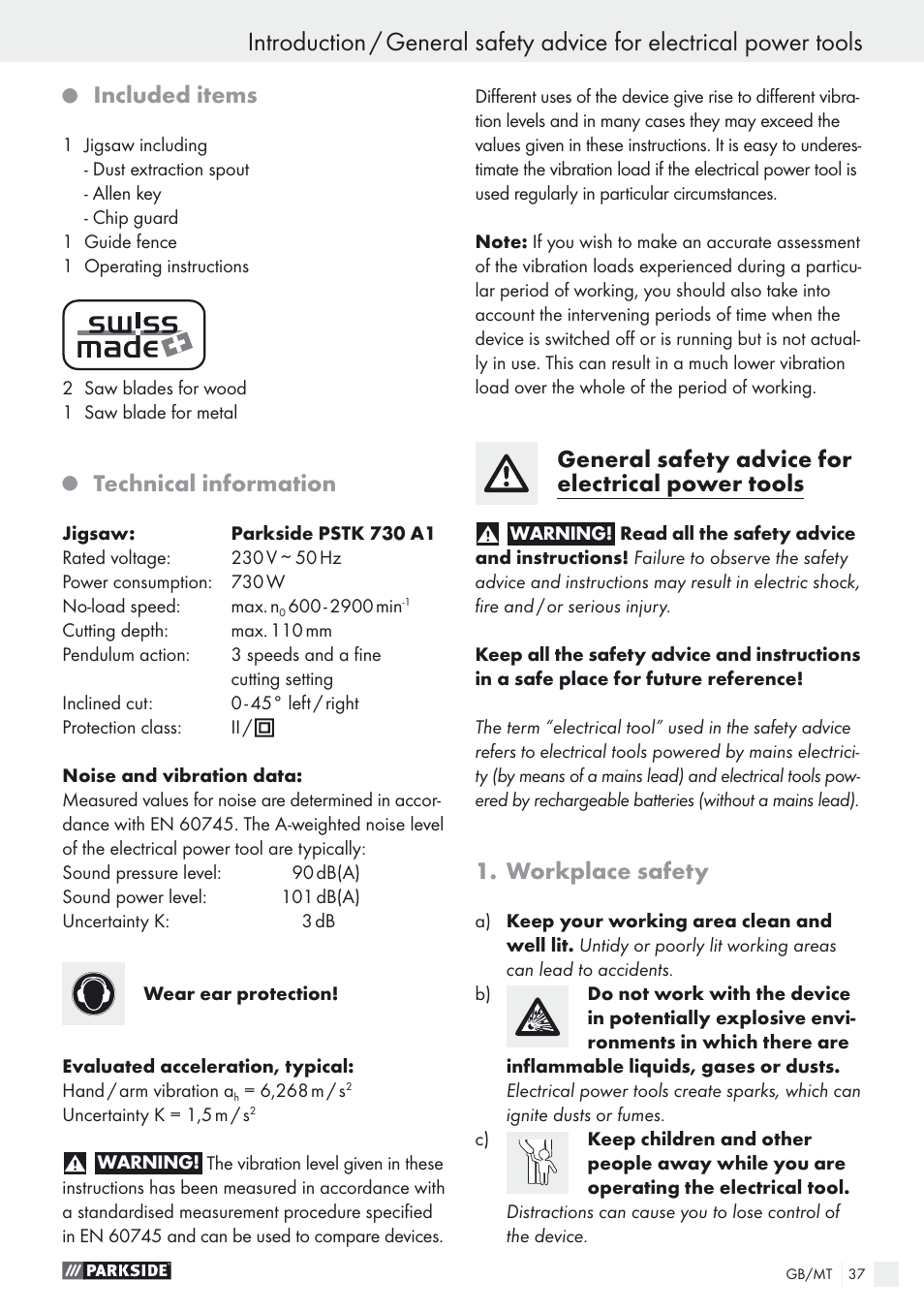 Included items, Technical information, General safety advice for electrical power tools | Workplace safety | Parkside PSTK 730 A1 User Manual | Page 37 / 56