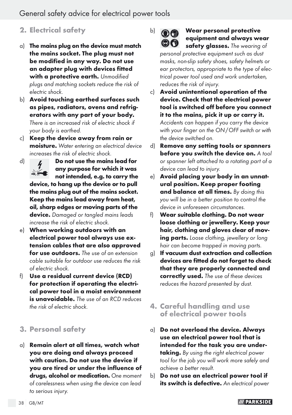 General safety advice for electrical power tools, Electrical safety, Personal safety | Careful handling and use of electrical power tools | Parkside PSTK 730 A1 User Manual | Page 38 / 56