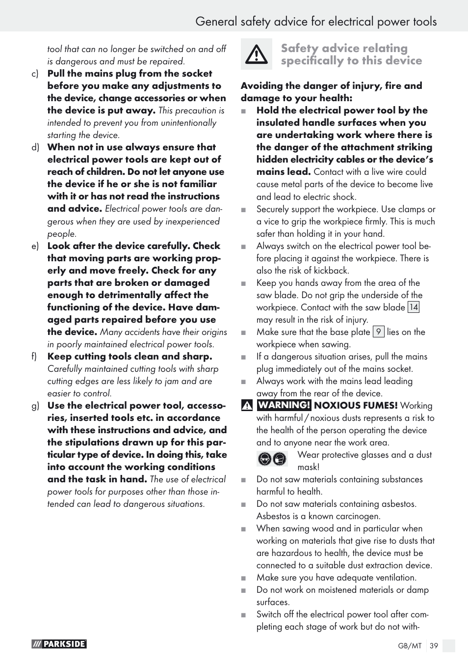 General safety advice for electrical power tools, Safety advice relating specifically to this device | Parkside PSTK 730 A1 User Manual | Page 39 / 56