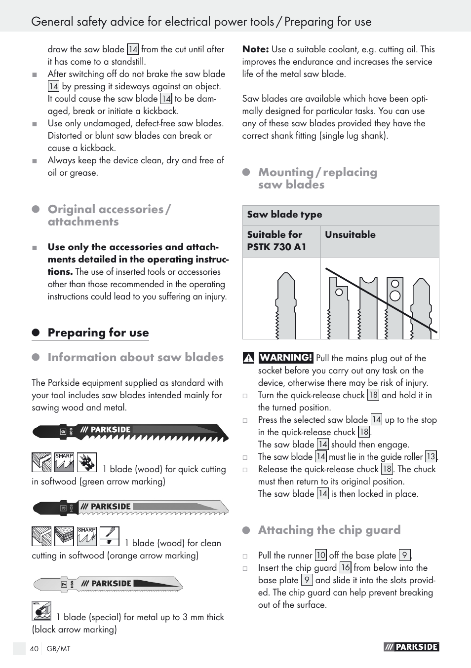 Original accessories / attachments, Preparing for use, Information about saw blades | Mounting / replacing saw blades, Attaching the chip guard | Parkside PSTK 730 A1 User Manual | Page 40 / 56