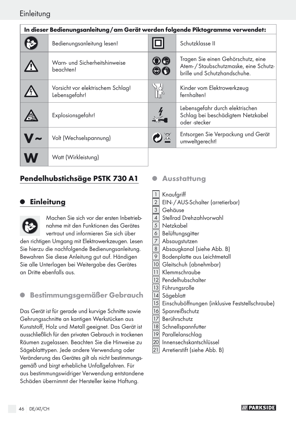 Pendelhubstichsäge pstk 730 a1, Einleitung, Bestimmungsgemäßer gebrauch | Ausstattung | Parkside PSTK 730 A1 User Manual | Page 46 / 56