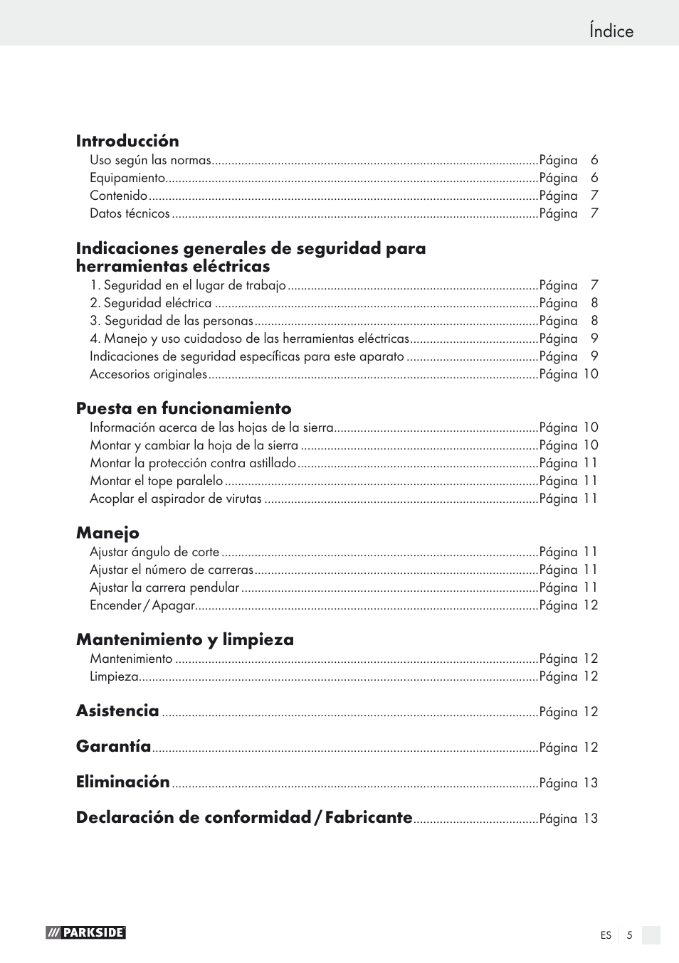 Índice | Parkside PSTK 730 A1 User Manual | Page 5 / 56