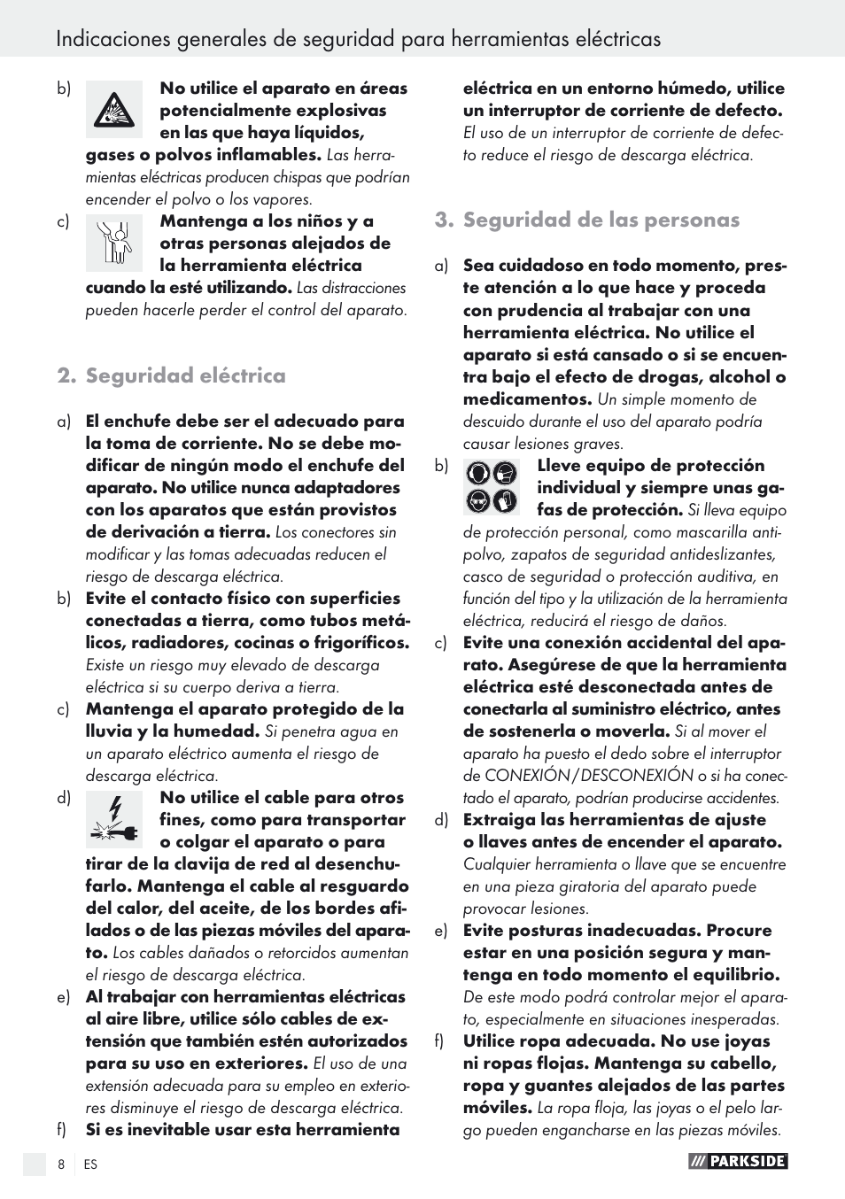 Seguridad eléctrica, Seguridad de las personas | Parkside PSTK 730 A1 User Manual | Page 8 / 56