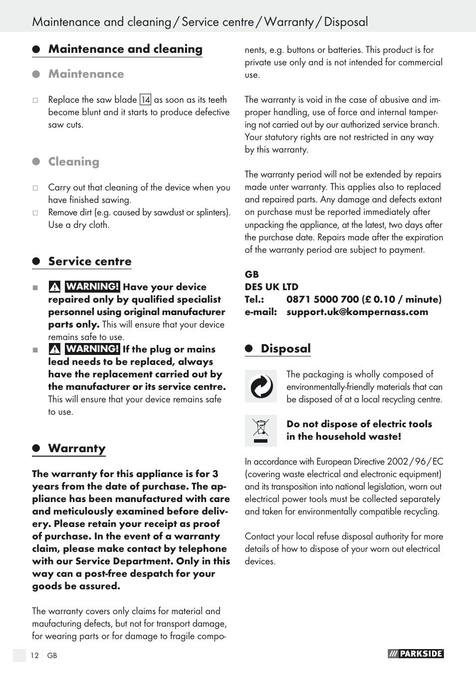 Maintenance and cleaning, Maintenance, Cleaning | Service centre, Warranty, Disposal | Parkside PSTK 730 A1 User Manual | Page 12 / 76