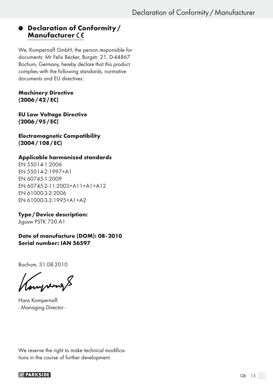 Declaration of conformity / manufacturer | Parkside PSTK 730 A1 User Manual | Page 13 / 76
