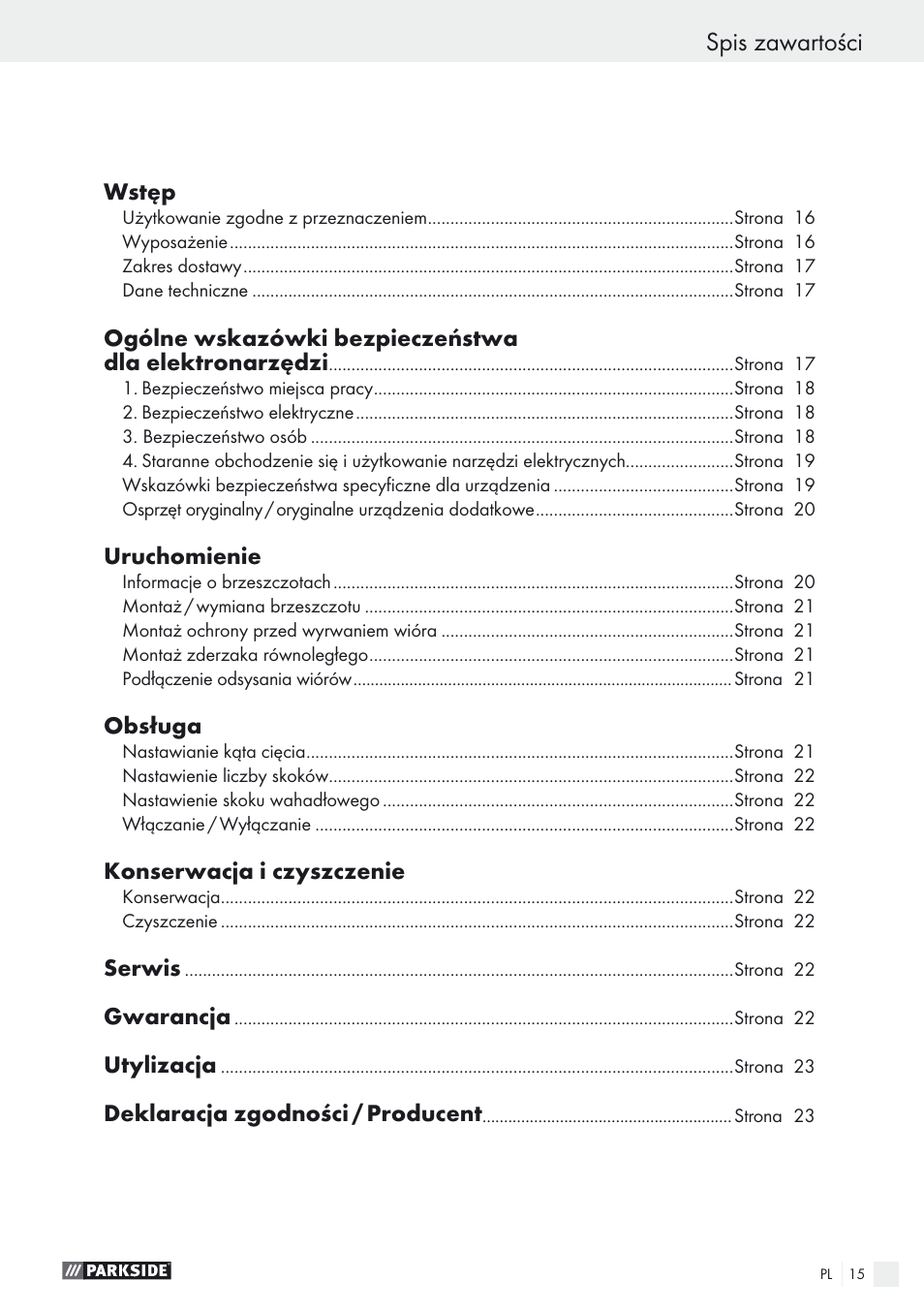 Spis zawartości | Parkside PSTK 730 A1 User Manual | Page 15 / 76