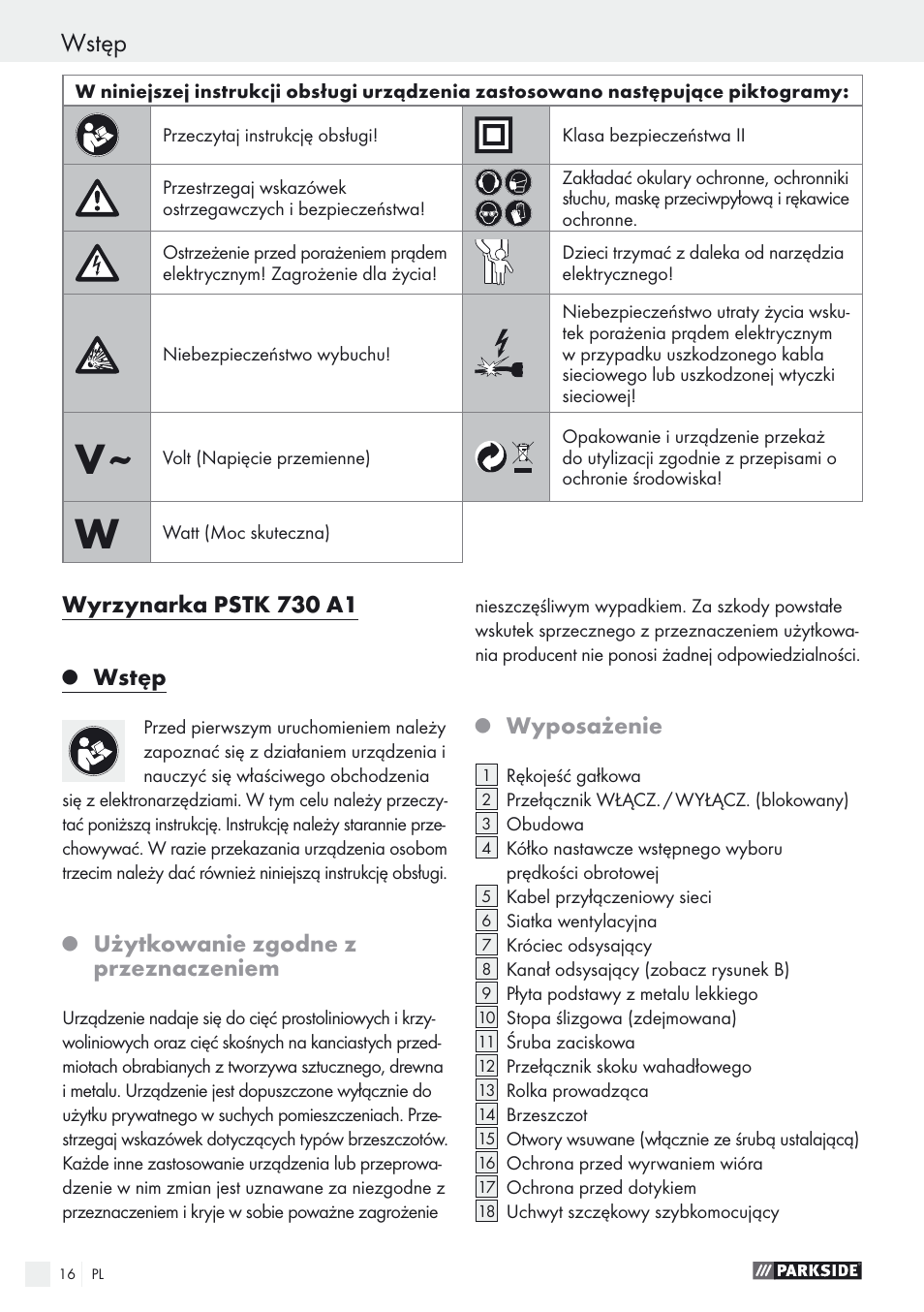Wyrzynarka pstk 730 a1, Wstęp, Użytkowanie zgodne z przeznaczeniem | Wyposażenie | Parkside PSTK 730 A1 User Manual | Page 16 / 76