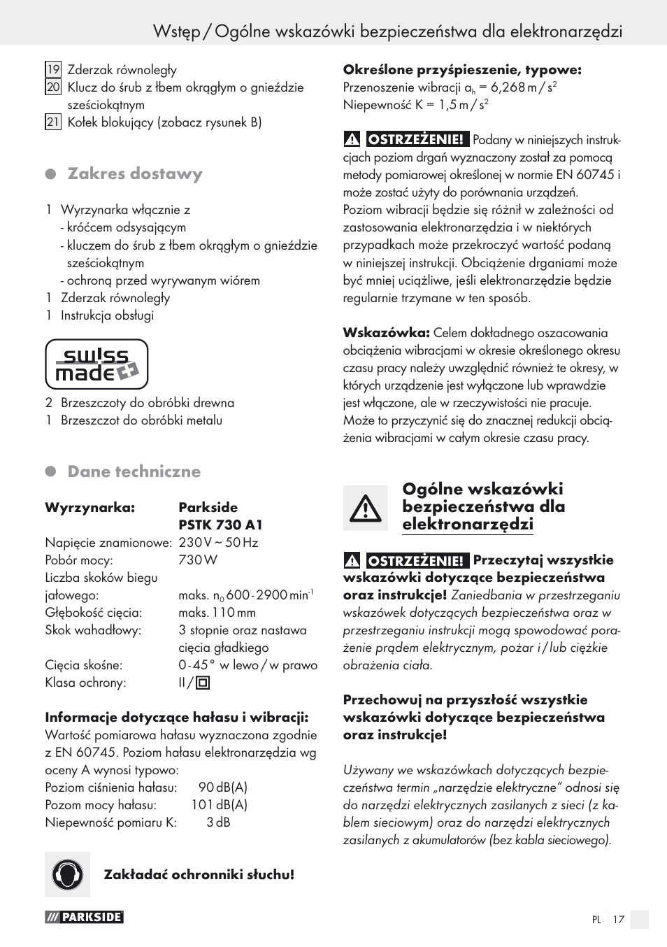 Zakres dostawy, Dane techniczne | Parkside PSTK 730 A1 User Manual | Page 17 / 76
