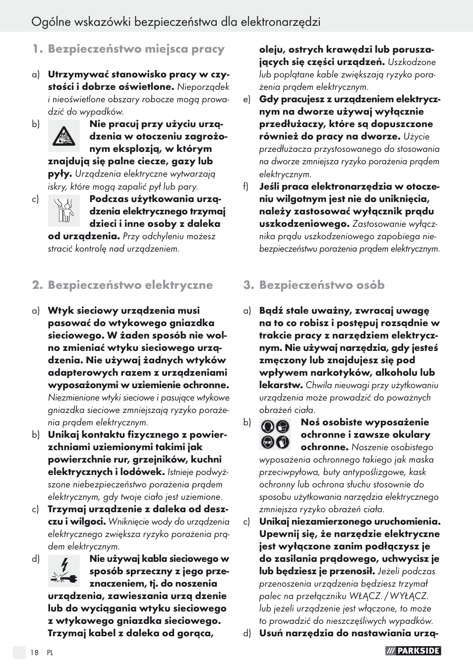 Bezpieczeństwo miejsca pracy, Bezpieczeństwo elektryczne, Bezpieczeństwo osób | Parkside PSTK 730 A1 User Manual | Page 18 / 76