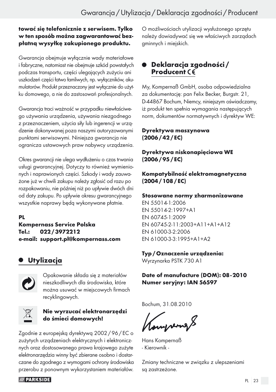 Utylizacja, Deklaracja zgodności / producent | Parkside PSTK 730 A1 User Manual | Page 23 / 76