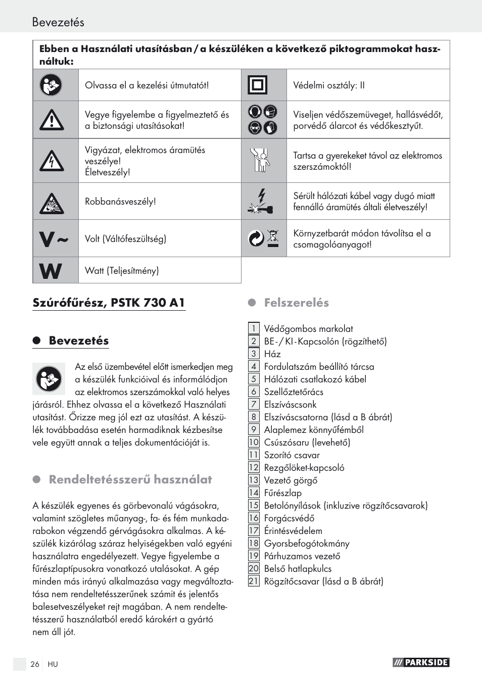 Bevezetés, Szúrófűrész, pstk 730 a1, Rendeltetésszerű használat | Felszerelés | Parkside PSTK 730 A1 User Manual | Page 26 / 76