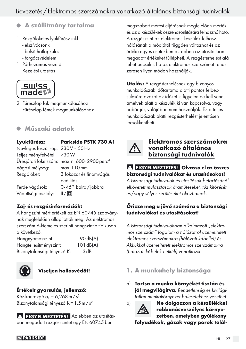 A szállítmány tartalma, Műszaki adatok, A munkahely biztonsága | Parkside PSTK 730 A1 User Manual | Page 27 / 76