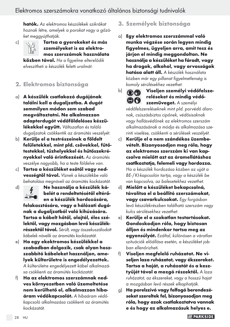 Elektromos biztonsága, Személyek biztonsága | Parkside PSTK 730 A1 User Manual | Page 28 / 76