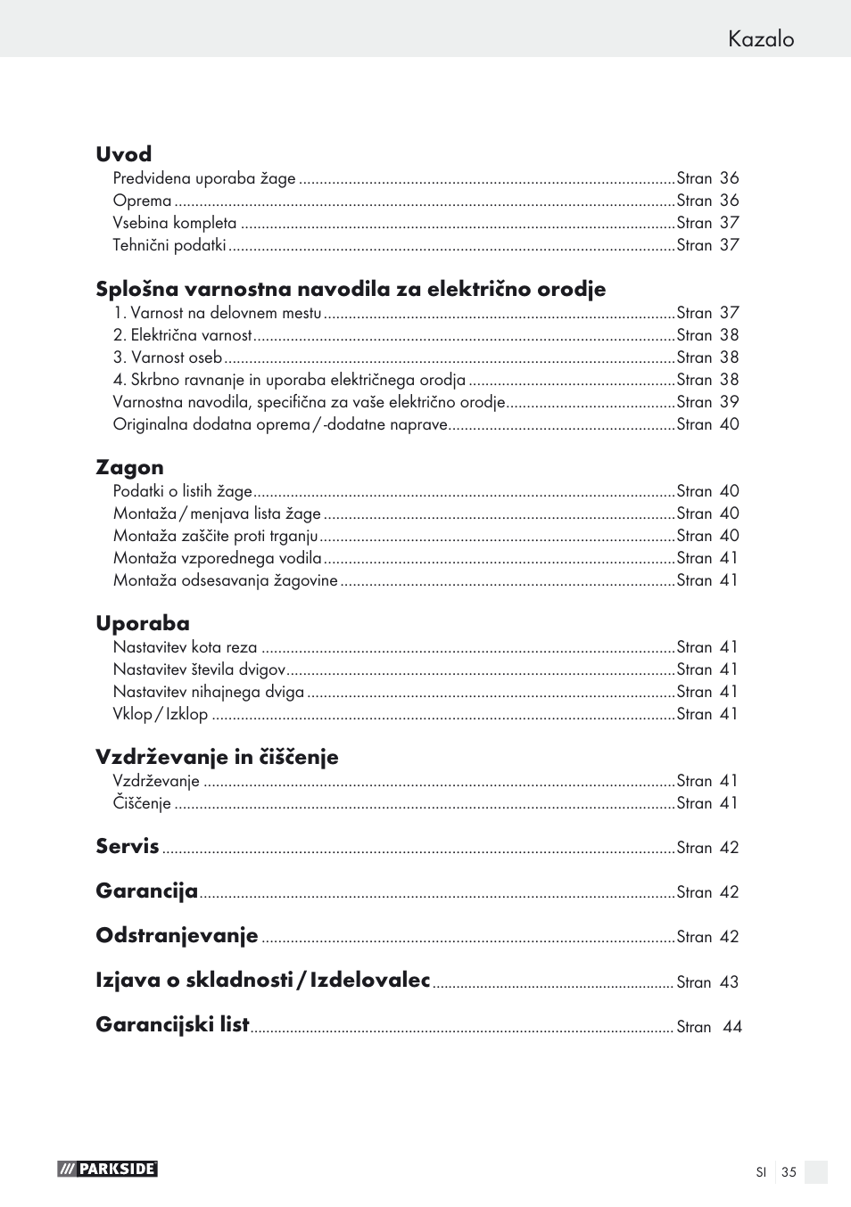 Kazalo | Parkside PSTK 730 A1 User Manual | Page 35 / 76