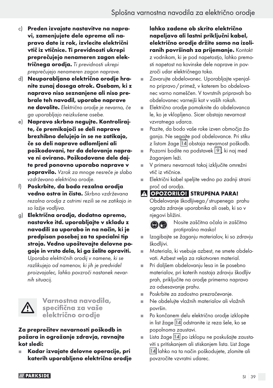 Splošna varnostna navodila za električno orodje | Parkside PSTK 730 A1 User Manual | Page 39 / 76