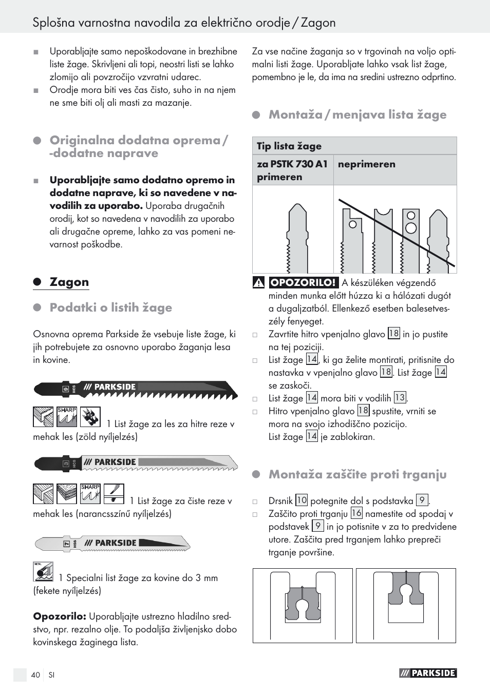 Originalna dodatna oprema / -dodatne naprave, Zagon, Podatki o listih žage | Montaža / menjava lista žage, Montaža zaščite proti trganju | Parkside PSTK 730 A1 User Manual | Page 40 / 76