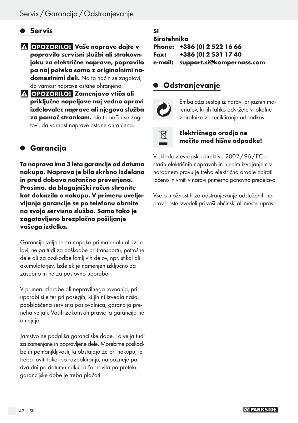 Servis / garancija / odstranjevanje, Servis, Garancija | Odstranjevanje | Parkside PSTK 730 A1 User Manual | Page 42 / 76