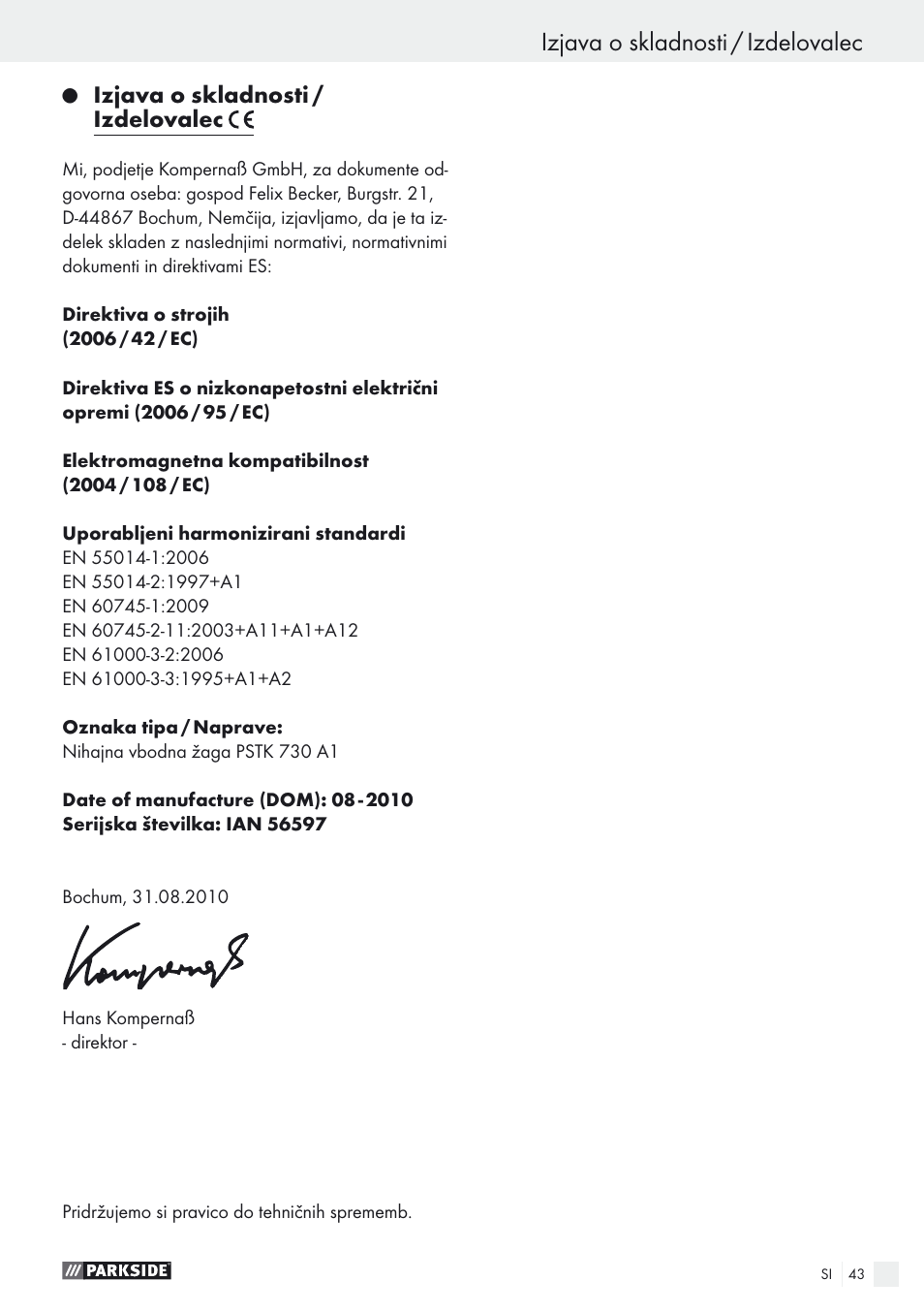 Izjava o skladnosti / izdelovalec | Parkside PSTK 730 A1 User Manual | Page 43 / 76