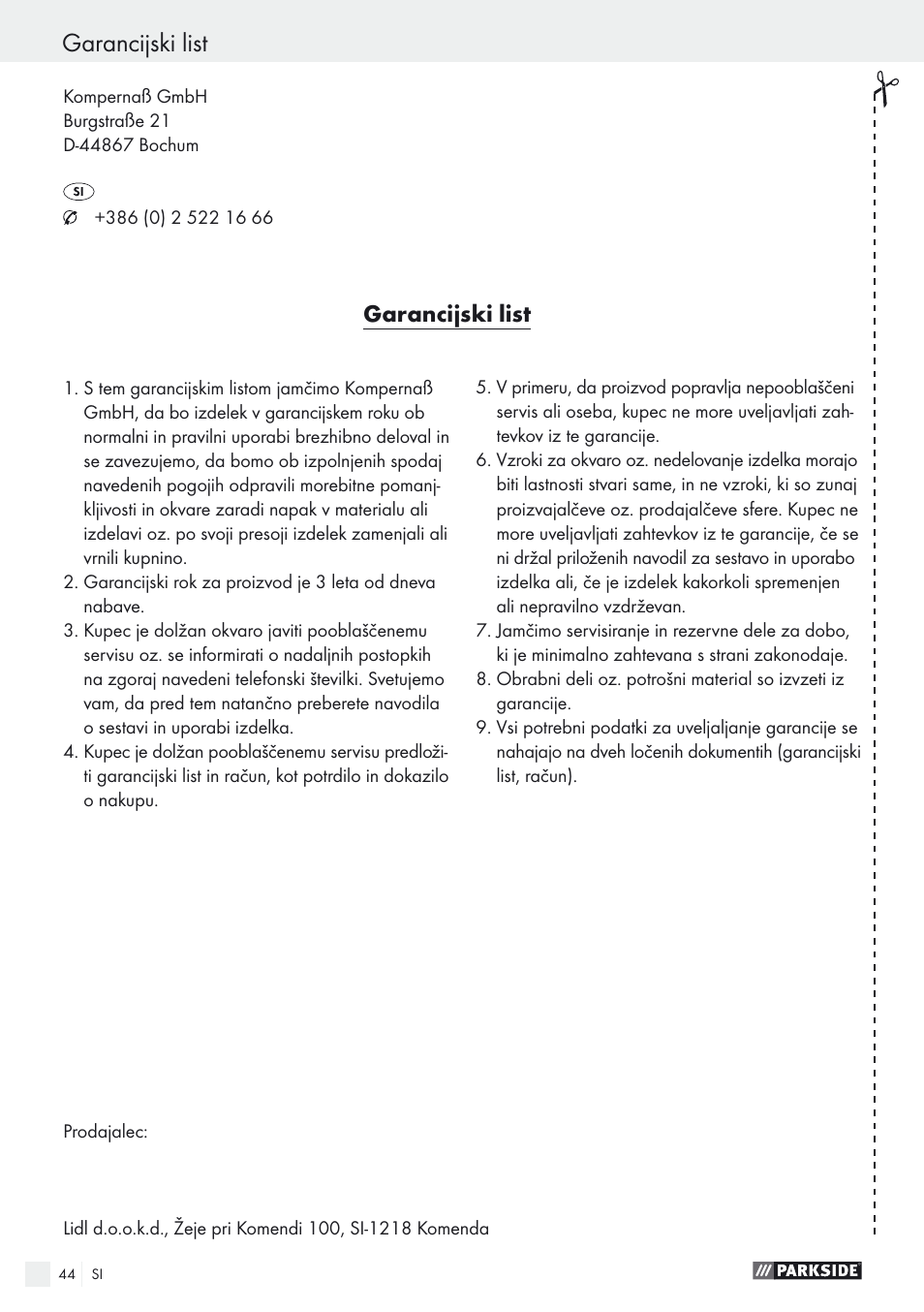 Garancijski list | Parkside PSTK 730 A1 User Manual | Page 44 / 76