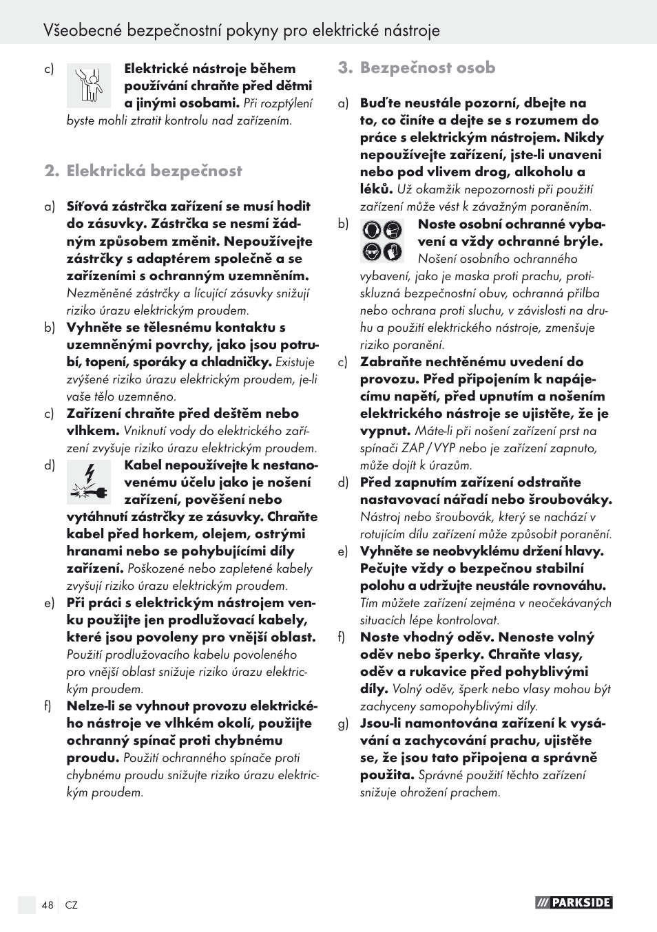 Elektrická bezpečnost, Bezpečnost osob | Parkside PSTK 730 A1 User Manual | Page 48 / 76
