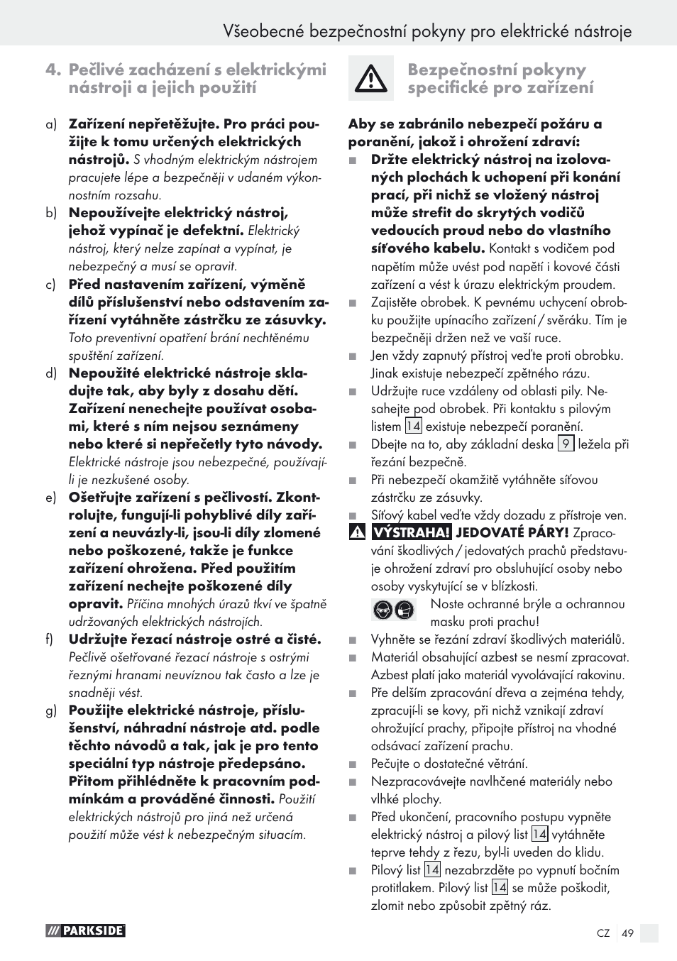 Bezpečnostní pokyny specifické pro zařízení | Parkside PSTK 730 A1 User Manual | Page 49 / 76
