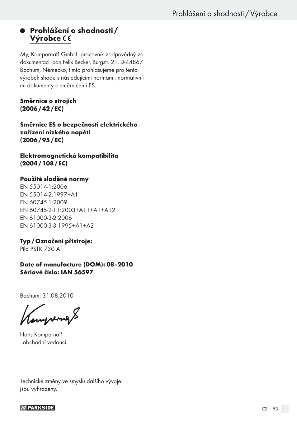 Prohlášení o shodnosti / výrobce | Parkside PSTK 730 A1 User Manual | Page 53 / 76