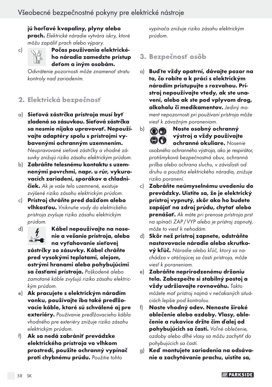 Elektrická bezpečnosť, Bezpečnosť osôb | Parkside PSTK 730 A1 User Manual | Page 58 / 76