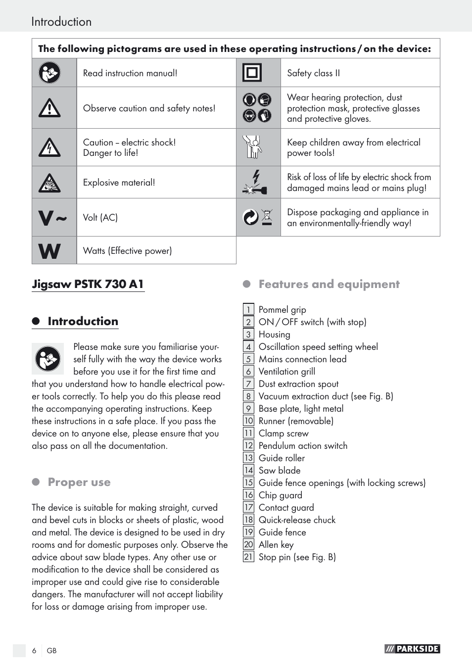 Jigsaw pstk 730 a1, Introduction, Proper use | Features and equipment | Parkside PSTK 730 A1 User Manual | Page 6 / 76