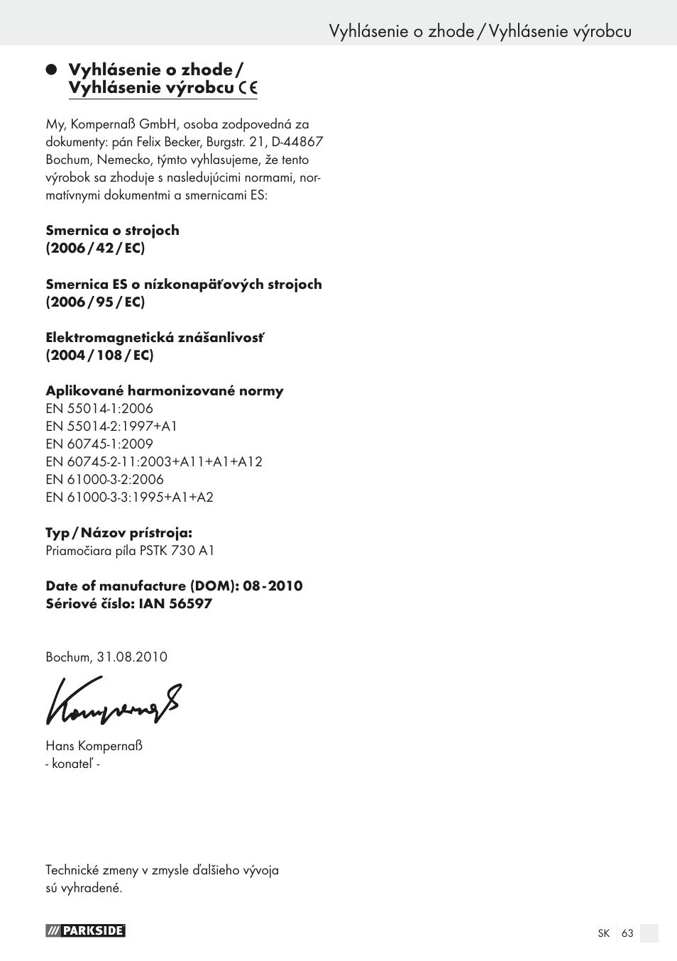 Vyhlásenie o zhode / vyhlásenie výrobcu | Parkside PSTK 730 A1 User Manual | Page 63 / 76