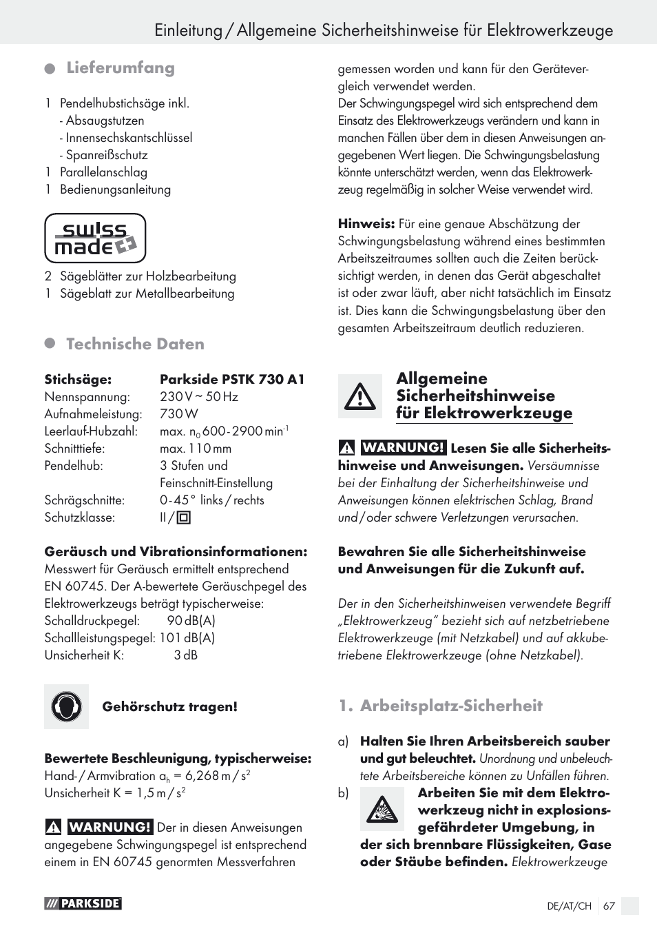 Lieferumfang, Technische daten, Arbeitsplatz-sicherheit | Parkside PSTK 730 A1 User Manual | Page 67 / 76