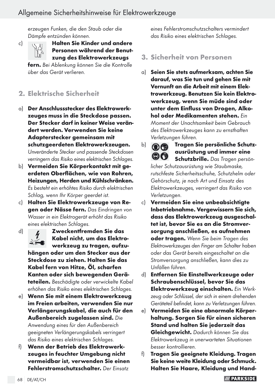 Elektrische sicherheit, Sicherheit von personen | Parkside PSTK 730 A1 User Manual | Page 68 / 76