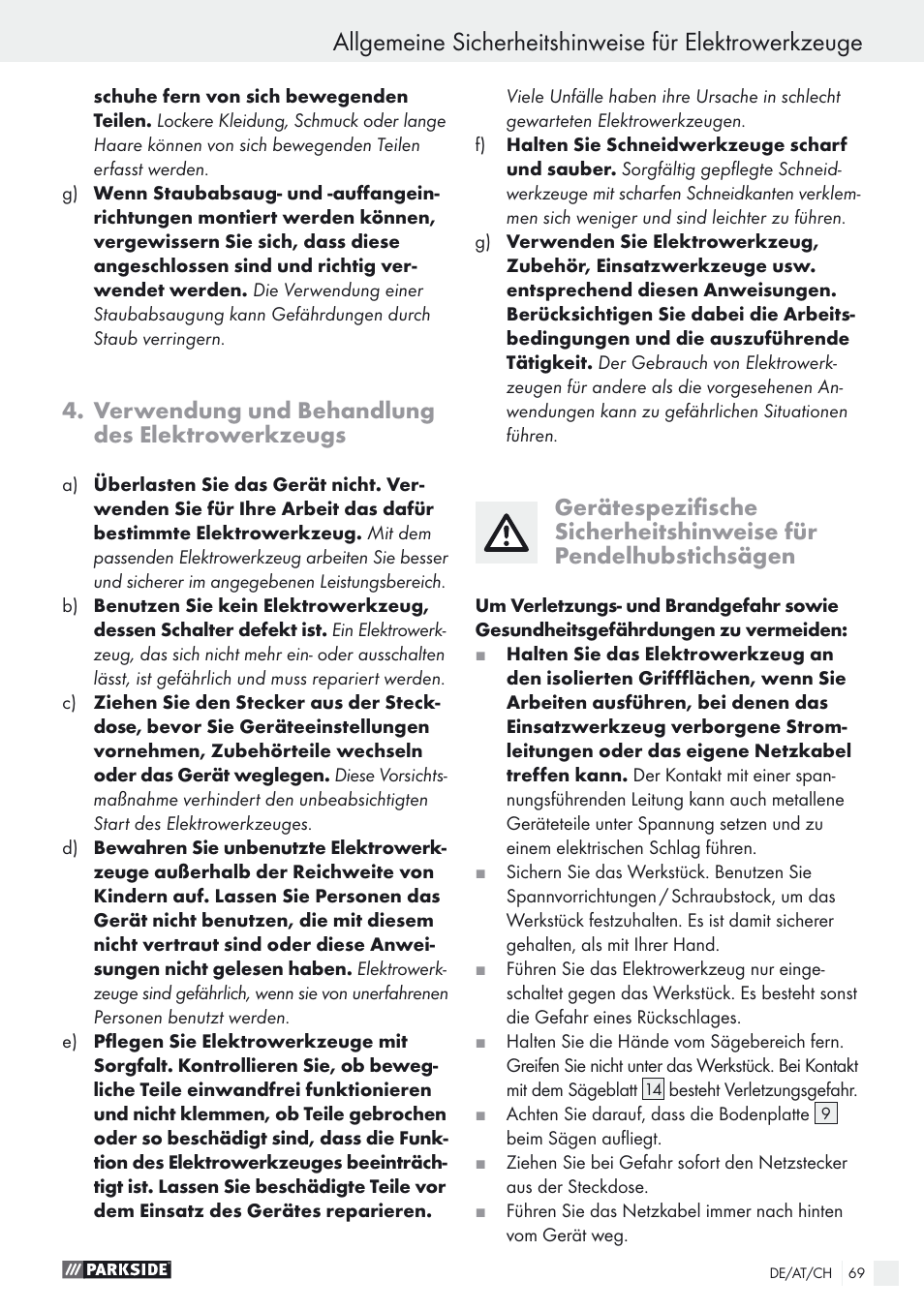 Verwendung und behandlung des elektrowerkzeugs | Parkside PSTK 730 A1 User Manual | Page 69 / 76