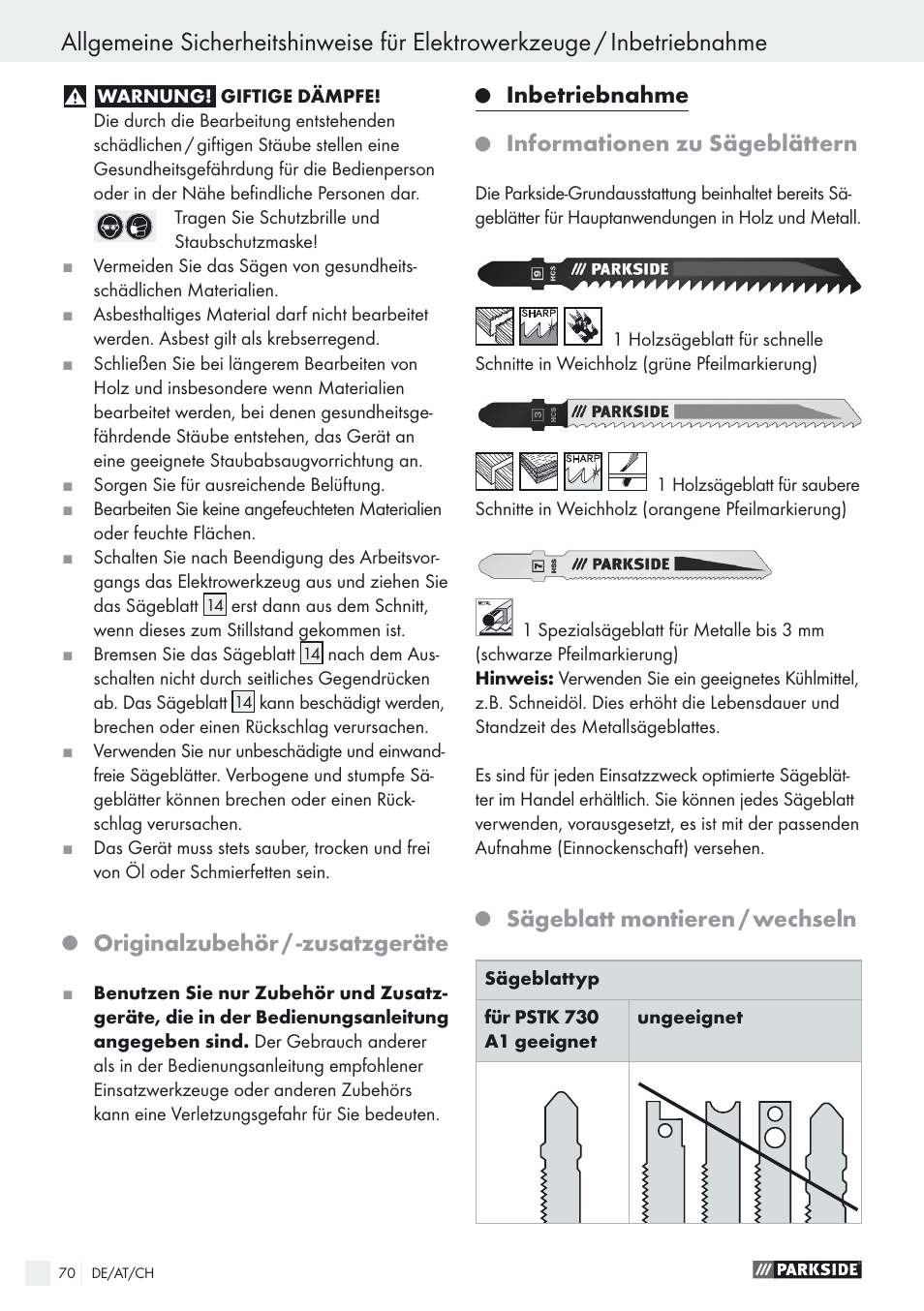 Originalzubehör / -zusatzgeräte, Inbetriebnahme, Informationen zu sägeblättern | Sägeblatt montieren / wechseln | Parkside PSTK 730 A1 User Manual | Page 70 / 76